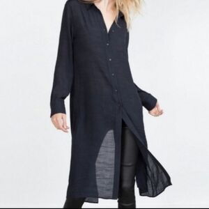 Zara Women's Navy Blue Long Button Up Duster Size XS
